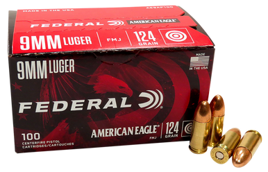 Federal American Eagle 9mm Luger Full Metal Jacket 124 Grain 100 Rounds
