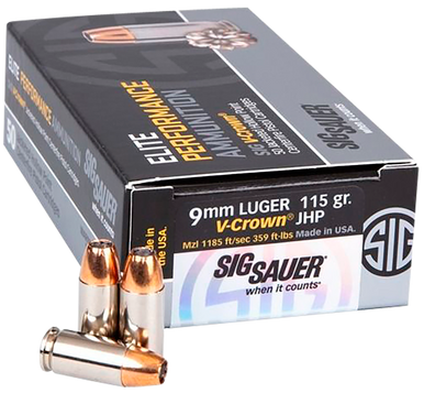 Sig Sauer E9MMA1COMP50 Match Elite Competition  9mmLuger 115gr V-Crown Jacketed Hollow Point 50 Rounds