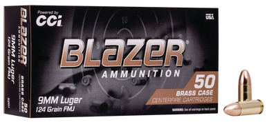 CCI Blazer Brass Pistol Ammo 9mm Luger 124 gr. FMJ Round Nose 50 rd.