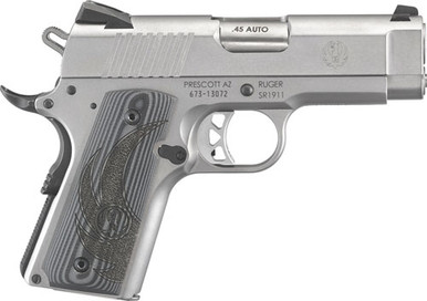 Ruger 6762 SR1911 Officer-Style 45 ACP 7+1 3.60" Stainless Steel Barrel, Serrated Stainless Steel Slide, Low-Glare Stainless Steel Frame w/Beavertail, Checkered Gray G10 Grip