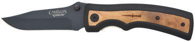 Camillus 19076-001 Slick  3" Folding Clip Point Plain Black Carbonitride Titanium AUS-8A SS Blade, 5" Black Rubber/Wood Handle