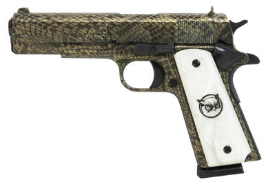Iver Johnson Arms 1911A1WATERMOCCASIN 1911 A1 Water Moccasin 45 ACP 8+1 5" Black Steel Barrel, Green Snakeskin Hydrographic Serrated Steel Slide & Frame w/Beavertail, White Synthetic Pearl Grip