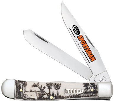 Case 81222 Trapper Sportsman Folding Clip Point/Spey Plain Mirror Polished Tru-Sharp SS Blade/Elk Embellished Natural Bone Handle