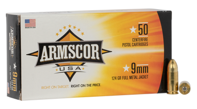 Armscor Range Pistol Ammo 9mm Luger Full Metal Jacket 124 Grain 50 Rounds