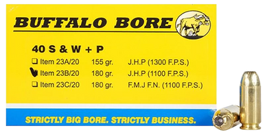 Buffalo Bore Ammunition 23B20 Heavy Strictly Business 40S&W +P 180gr Jacket Hollow Point 20 Rounds