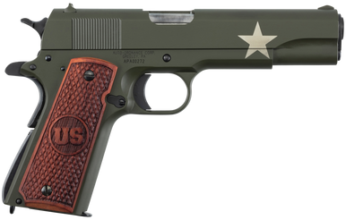 Auto-Ordnance 1911BKOC11 1911 Tanker 45 ACP  5" Barrel 7+1, OD Green Carbon Steel Frame/Slide with Sherman Tank Star, Checkered US Engraved Wood Grip, Manual Safety