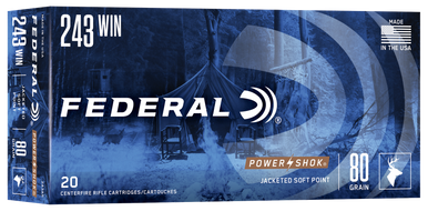 Federal Power-Shok Rifle Ammo 243 Win 80 gr. Jacketed Soft Point 20 rd.
