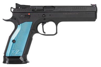 CZ-USA 91222 TS 2  40 S&W 17+1 5.28" Black Steel Barrel, Black Serrated Steel Slide, Black Polycoat Steel Frame w/Beavertail, Blue Checkered Aluminum Grip, Ambidextrous