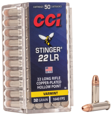 CCI Varmint Stinger 22 Long Rifle Copper Plated Hollow Point 32 Grain 50 Rounds