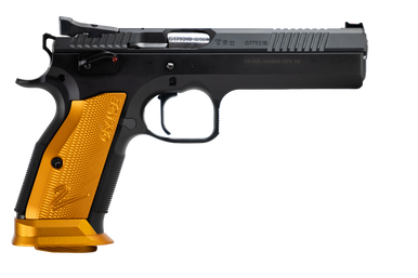 CZ-USA 91265 TS2  40 S&W 17+1 5.20" Black Bull Barrel, Black Slide, Black Polycoat Frame, Orange Checkered Aluminum Grip