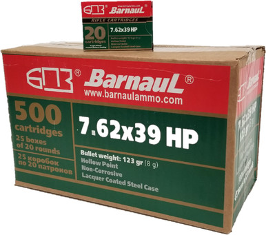 Barnaul 7.62x39 Rifle Ammo - 123 Grain | HP | Lacquered Steel Casing | 500rd Case