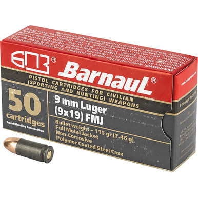 Barnaul Steel Case Pistol Ammo 9 mm 115 gr. FMJ 50 rd.