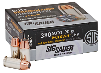 Sig Sauer E380A150 Elite Performance  380ACP 90gr V-Crown Jacketed Hollow Point 50 Rounds