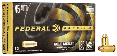 Federal Premium Gold Medal 45 ACP Full Metal Jacket Semi Wadcutter 185 Grain 50 Rounds