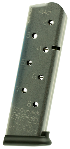 CMC Products 17130 Power Mag Railed 8rd 45 ACP Fits 1911 Government Stainless Steel w/ Black Base Pad