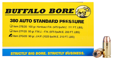 Buffalo Bore Ammunition 27G20 Standard Pressure Strictly Business 380ACP 90gr Jacket Hollow Point 20 Rounds