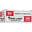 Winchester USA Pistol Ammo 9mm Luger Full Metal Jacket 115 Grain 100 Rounds