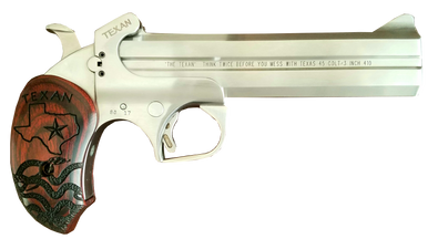 Bond Arms BATX Texan  Derringer Single 45 Colt LC410 Gauge 2rd 6 Stainless Steel Double Barrel  Frame Blade FrontFixed Rear Sights Custom Engraved Rosewood Grip Manual Safety