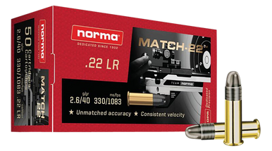 Norma Ammunition 2425076 Dedicated Precision Match 22LR 40gr Lead Round Nose 50 Rounds