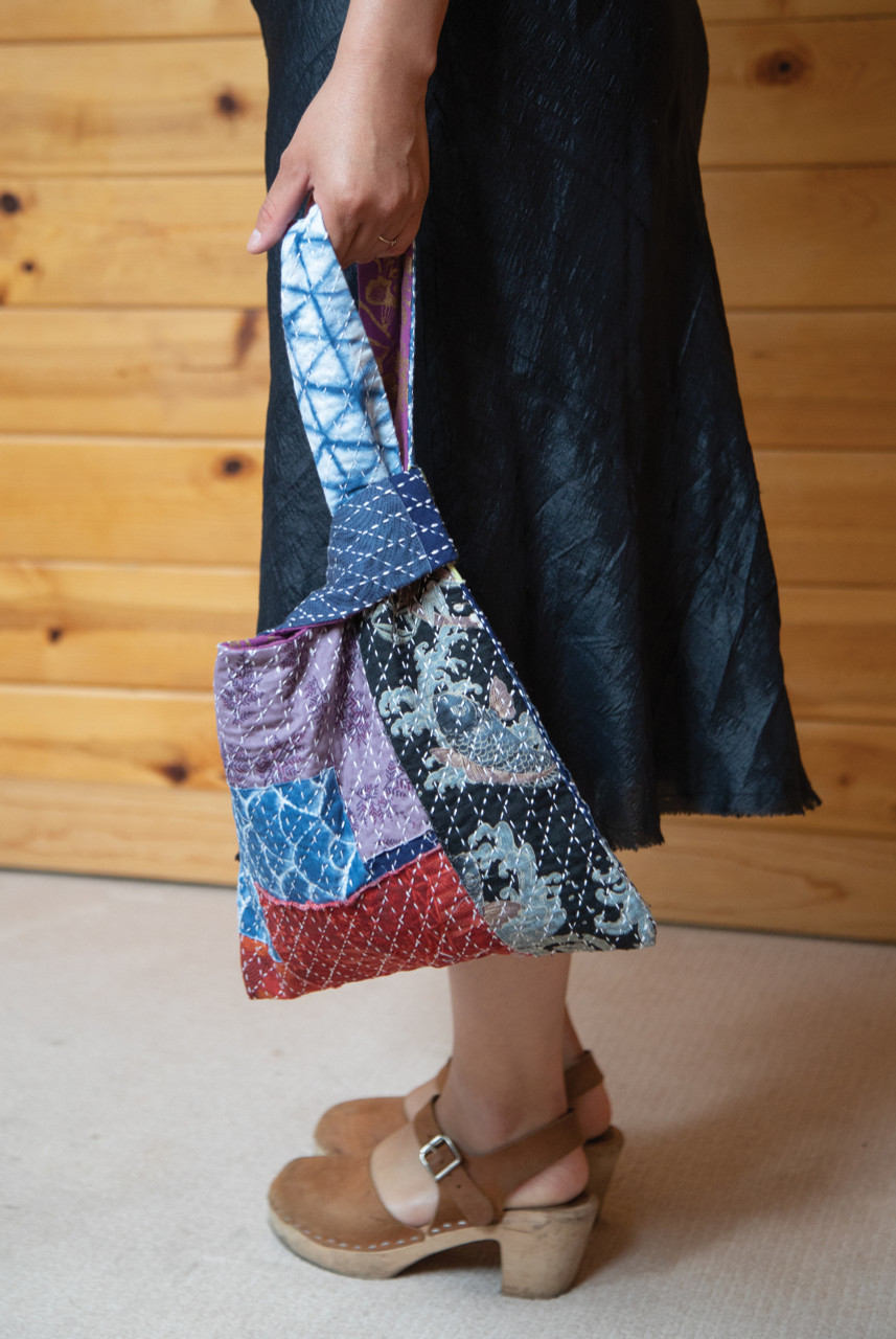 Handmade Patchwork hobo bag with Sashiko embroidery and decorative