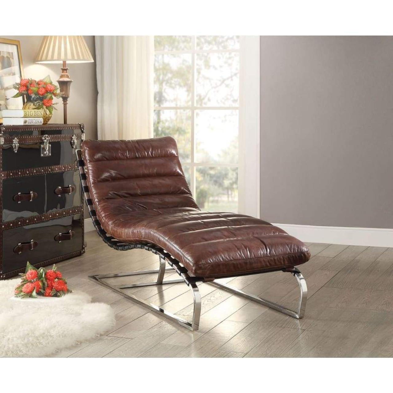 Cavett Chaise Lounge Chair Distressed Dark Brown