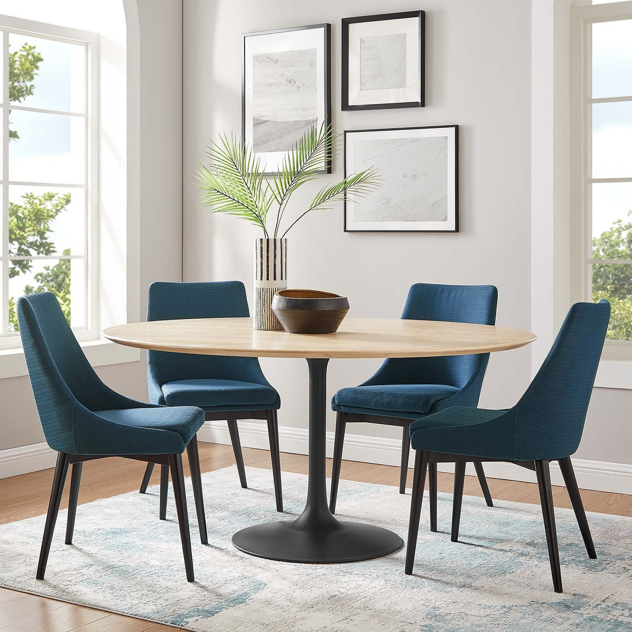 Pedestal Design 60" Round Wood Grain Top Dining Table, Black Base 1