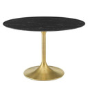 Pedestal Design 47" Round Black Artificial Marble Dining Table, Brushed Gold