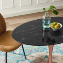 Pedestal Design 42” Oval Black Artificial Marble Dining Table, Rose Gold Base