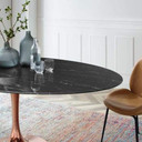 Pedestal Design 78" Oval Black Artificial Marble Dining Table, Rose Gold Base