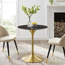 Pedestal Design 28” Round Black Artificial Marble Dining Table, Brushed Gold