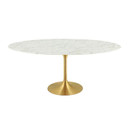 Pedestal Design 78” Oval Artificial Marble Dining Table, Gold Base