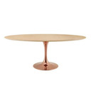 Pedestal Design 78" Oval Natural Wood Dining Table, Rose Gold Base