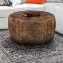 Carved Pattern Drum Coffee Table, Walnut Brown