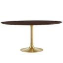 Pedestal Design 60" Wood Grain Dining Table, Gold Base