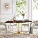 Pedestal Design 78” Oval Wood Grain Top Dining Table, Gold Base