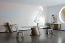 Kimo Modern Faux Travertine Ceramic + Bronze Dining Table