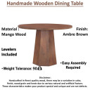 Loma 42 Inch  Round Top Dining Table,  Handmade Amber Brown Mango Wood