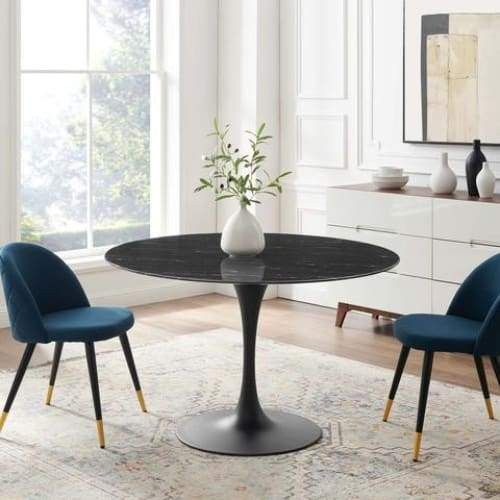 Pedestal Design 47" Black Ceramic Marble Dining Table, Black Base