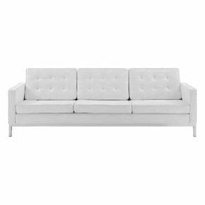 Loft Button Tufted Sofa, Chrome Legs, White Vegan Leather