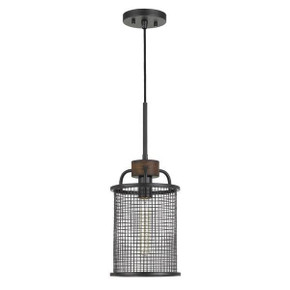 Grid Metal Pendant With Wooden Accent, Black