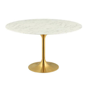 Pedestal Design 54” Round Artificial Marble Dining Table, Gold
