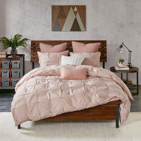 Cassie 3 Piece Queen Elastic Embroidered Cotton Comforter Set, Blush