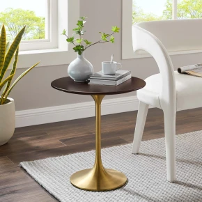 Pedestal Design 20" Cherry Wood with Gold Base Side Table