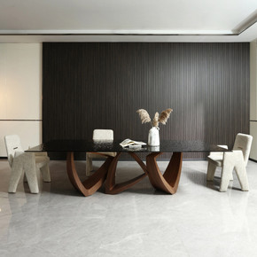 Evermore Modern Brown Wave Glass + Walnut Dining Table