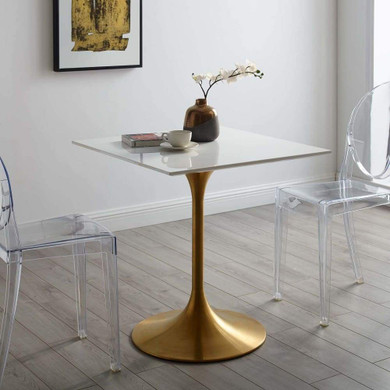 Pedestal Design 28” Square Wood Top Dining Table Gold, White