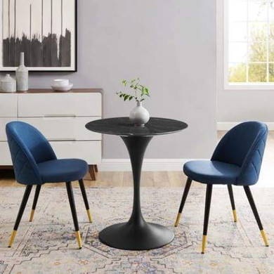 Pedestal Design 28” Round Black Artificial Marble Bar Table, Black Base