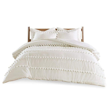 Linda 3 Piece Pom Pom Cotton Queen Comforter Set, Ivory