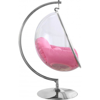 Swing Bubble Chair, Chrome Metal Base, Pink Fabric