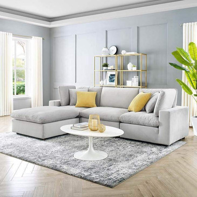 Crux Down Filled Overstuffed 4 Piece Sectional Sofa, Light Gray Velvet