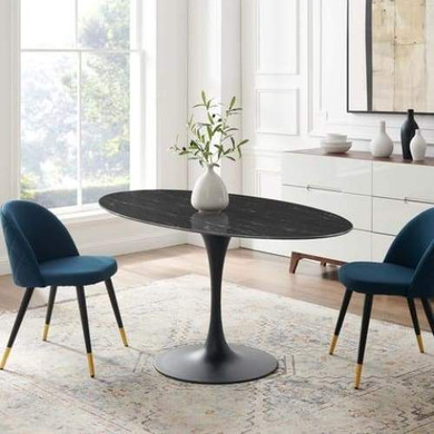 Pedestal Design 48” Oval Black Artificial Marble Dining Table, Black Base